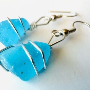 Blue Sea Glass Wire Wrapped Earrings